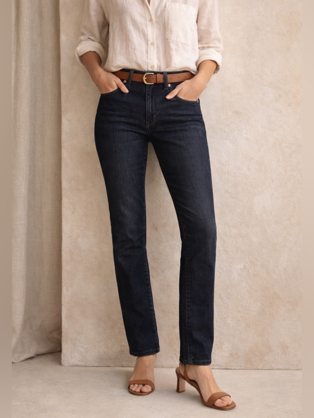 Dark Wash Slim Straight Jeans 29 Mid Rise Minimal Capsule Classic Denim